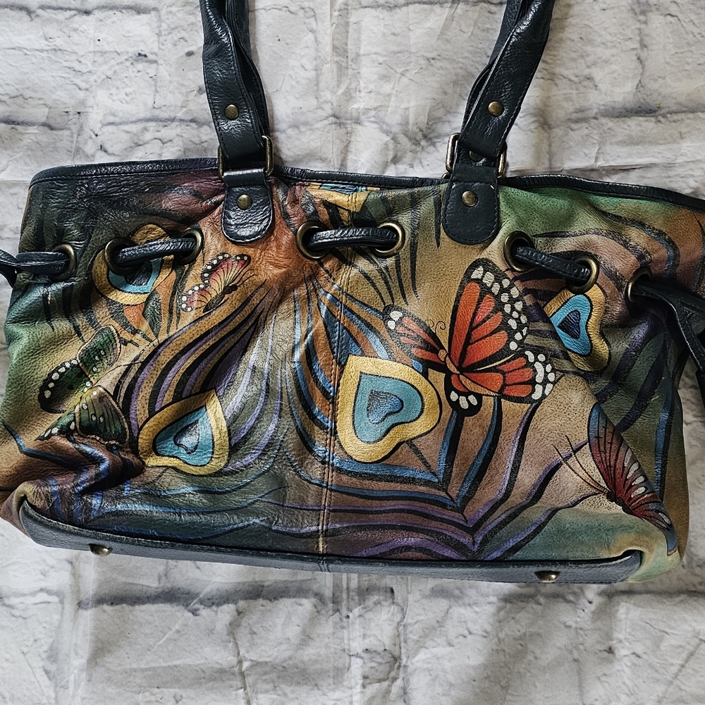 ANUSCHKA HAND PAINTED PEACOCK BUTTERFLY LEATHER PURSE HANDBAG
